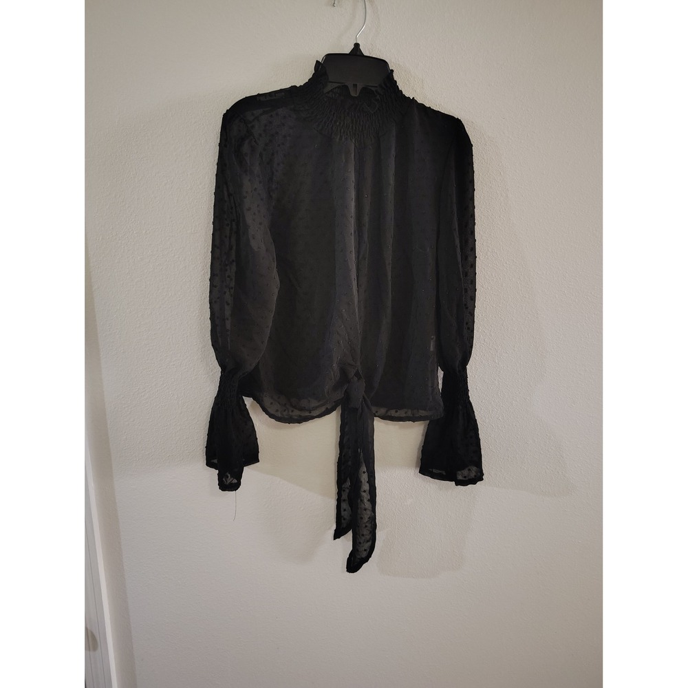 Unbranded Black Swiss Dot Sheer Blouse Smocked High Neck Tie Front Top Small
